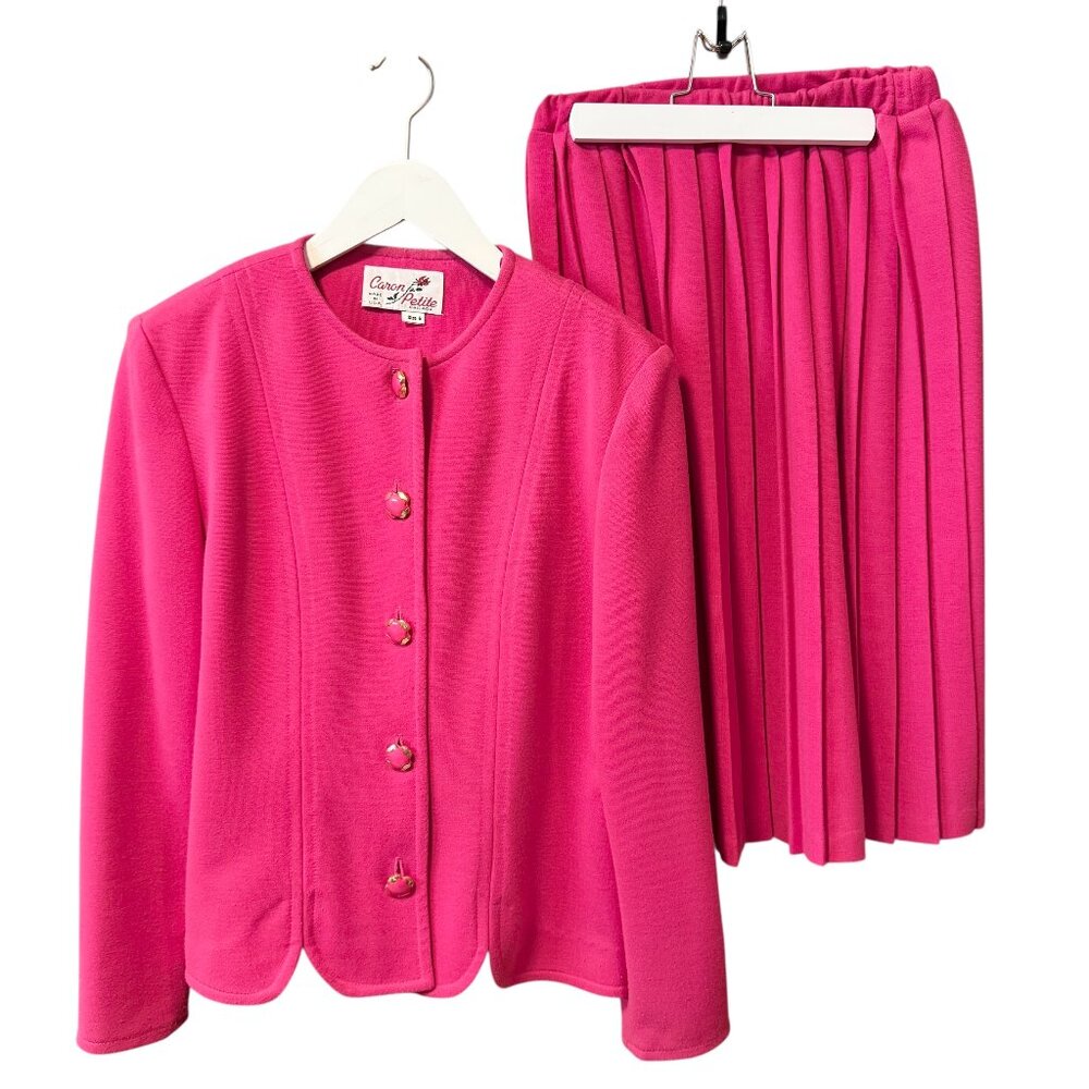 Vtg 80s Caron Chicago Barbie Pink 2 Piece Pleated Midi Skirt Set Size 6 Petite